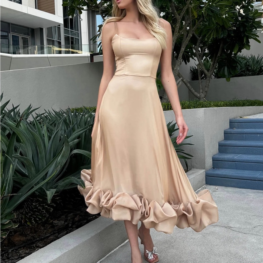 Post Meridiem Flounce Bustier Midi Dress in Gold, Size XXS - Picture 8 of 9